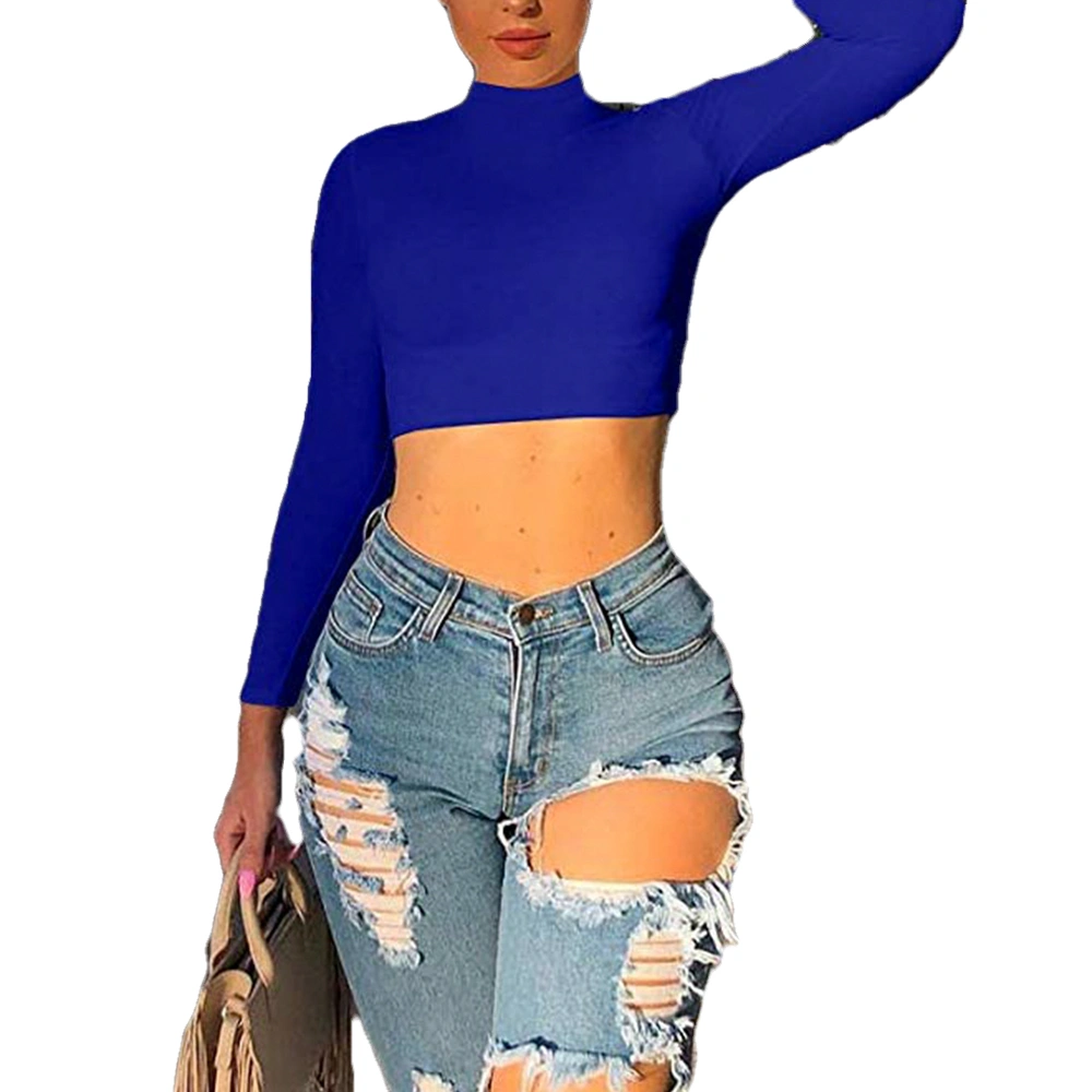 Women Long Sleeve Crop Tops Half Turtleneck Solid Color Slim Pullovers