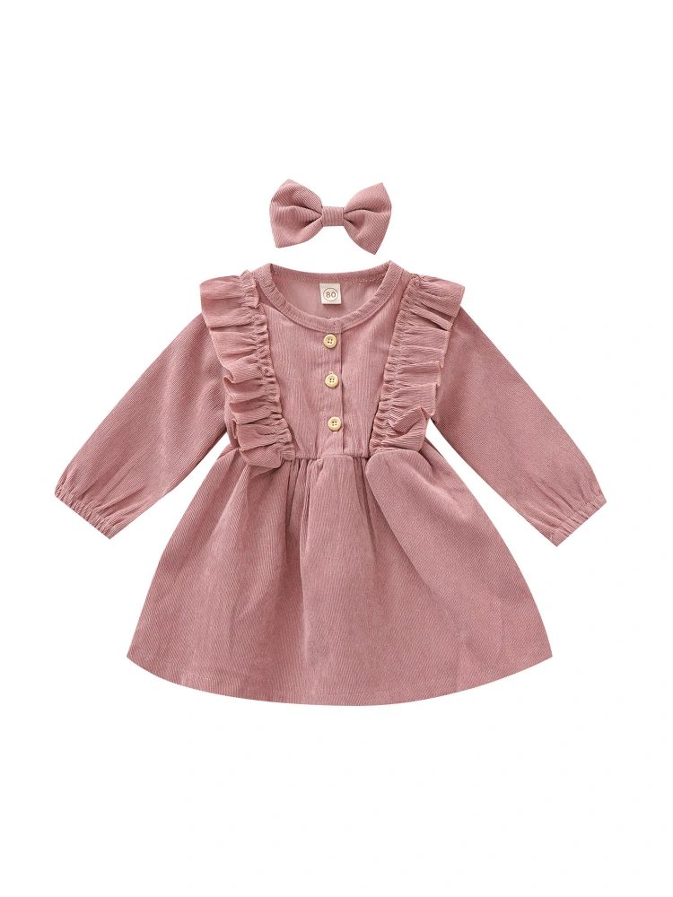 Baby Girl High-Waist Ruffle Buttons Princess Pleated Dress Headband