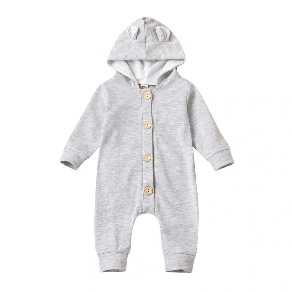 Baby's Solid Hooded Romper, Long Sleeve Front Single Breasted Bodysuit