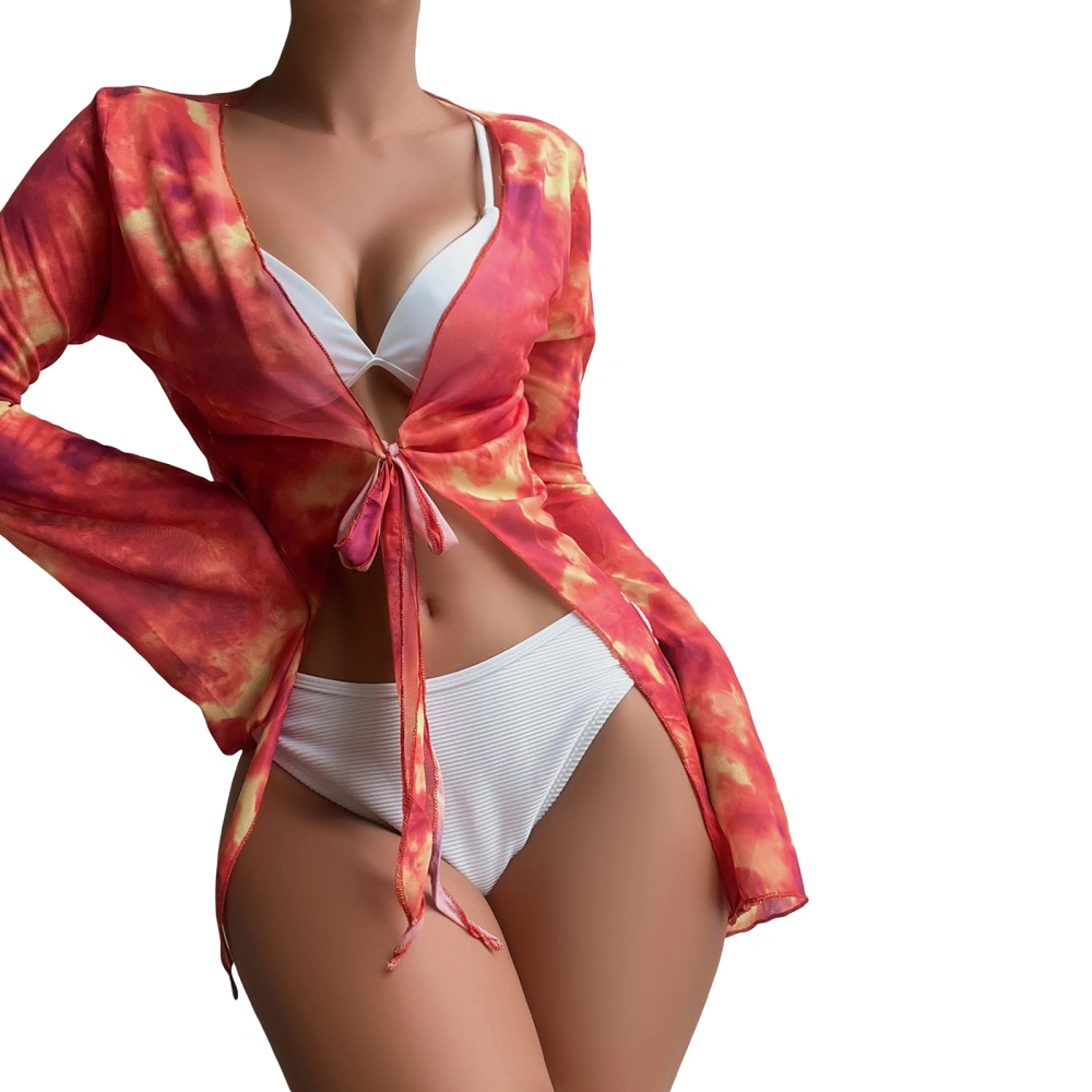 Women Cover-up, Tie-dye Print Long Sleeve Irregular Lacing Beachwear