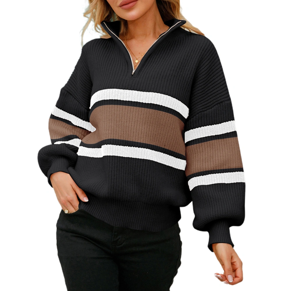 Women Sweater Contrast Color Stripe Lantern Sleeve Knitted Jumper Tops