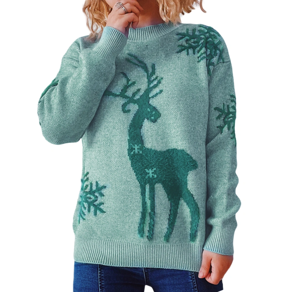 Women Christmas Long Sleeve Elk Snowflake Pattern Classic Fit Sweater