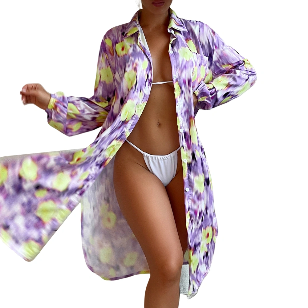 Summer Women's Sunscreen Shawl Floral Long Sleeve Lapel Buttons Coat 