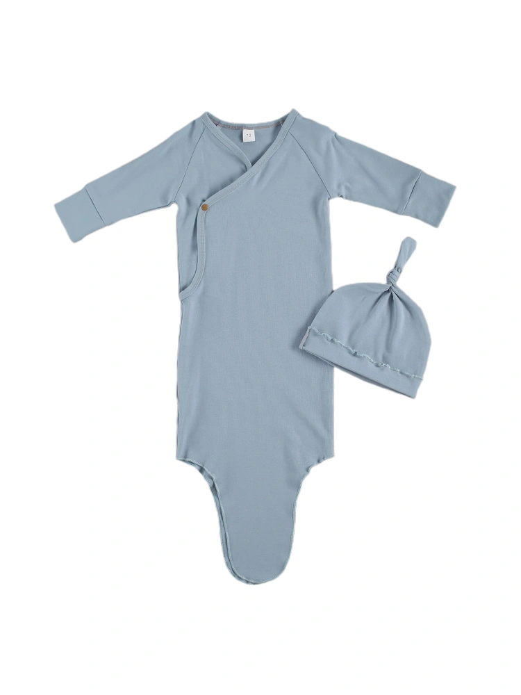 Baby's Solid Sleepling Bag Set, Long Sleeve Romper Nightgowns with Hat