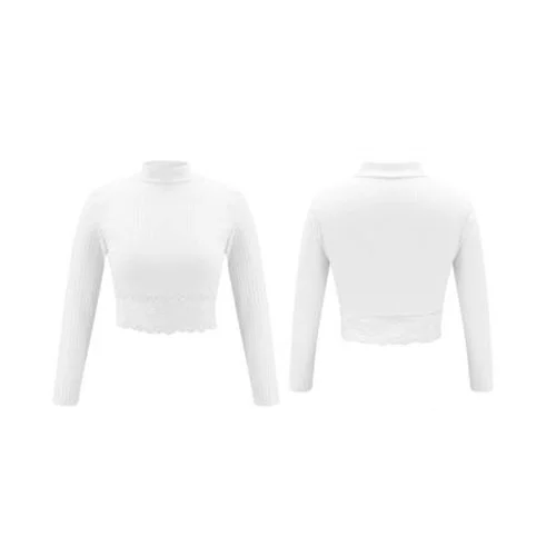 Women Long Sleeve Short T-Shirt Turtleneck Lace Blouse Tunic Clothes