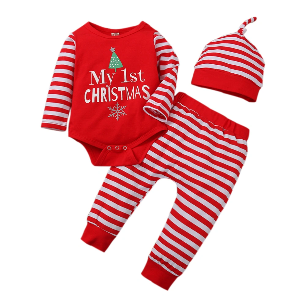 Baby’s Christmas Letter Long Sleeve Jumpsuit Stripe Trousers and Hat