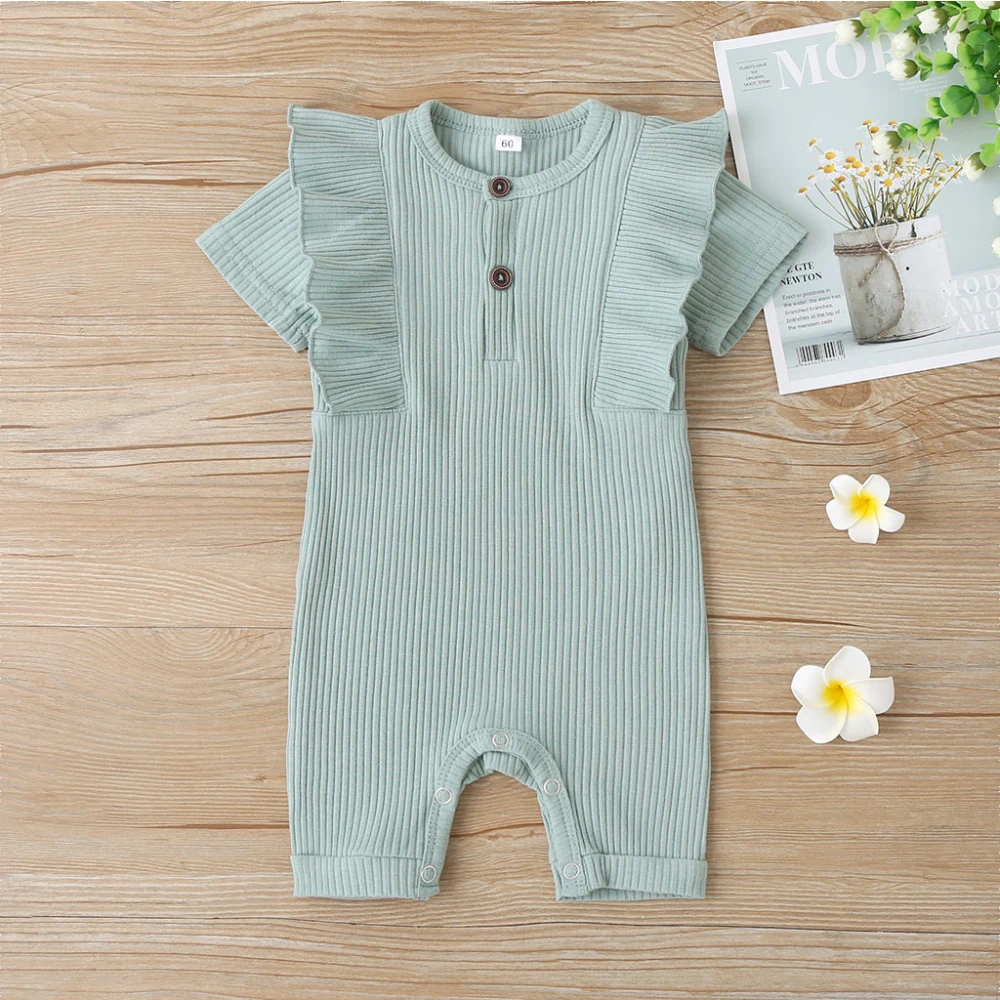 Toddler Summer Romper, Solid Color Round Neck Ruffled Jumpsuit