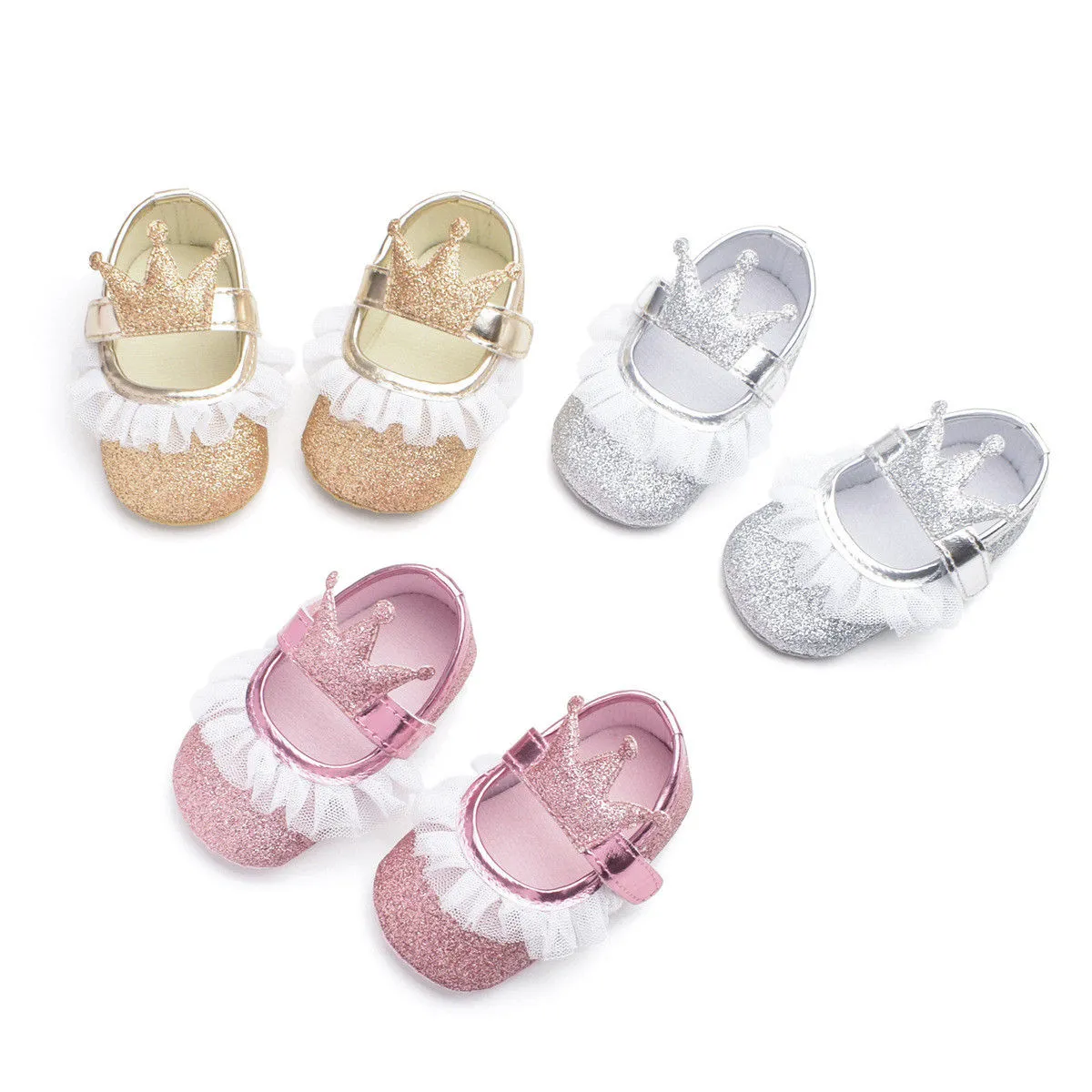 Newborn Baby Girls Flat Shoes, Glitter Crib Shoes Anti-Slip Soft Sole Shoes