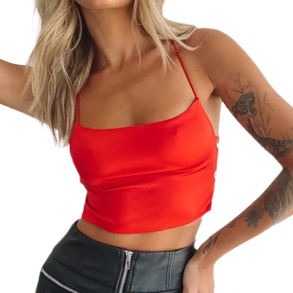 Women Summer Sexy Sleeveless Camisole Satin Backless Bandage Lace-up Crop Tops