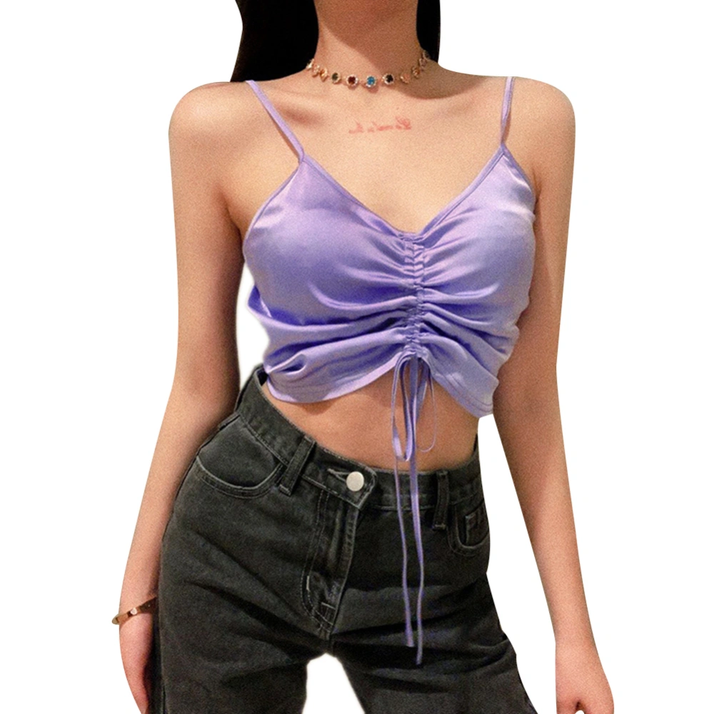 Women Sexy Sleeveless Crop Tops V-neck Backless Drawstring Satin Camisole