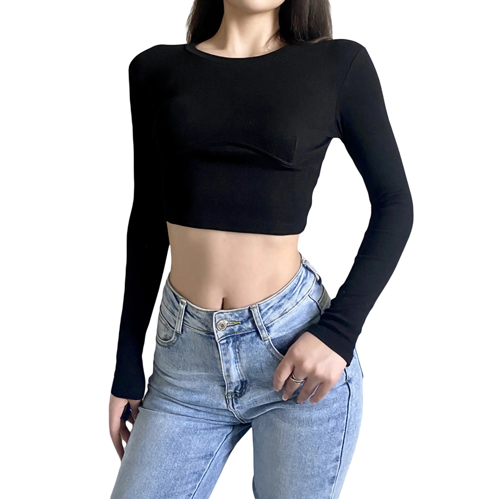 Women Long Sleeve Crop Tops Solid Color Crew Neck Slim T-Shirts