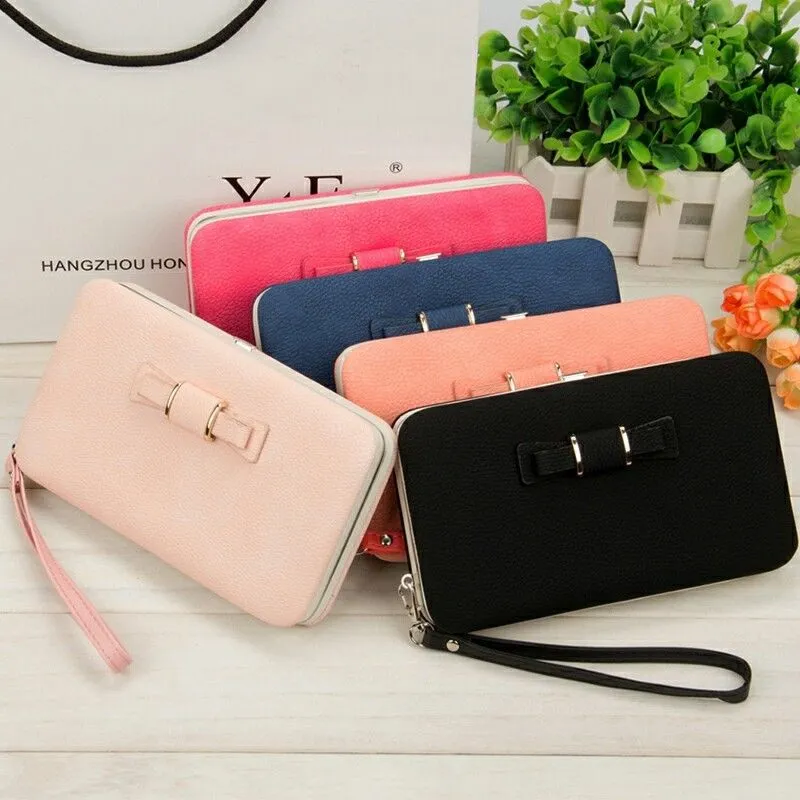 Women Long Wallet, Metal Buckle Ladies Clutch, Bowknot Inside Zipper PU Purse