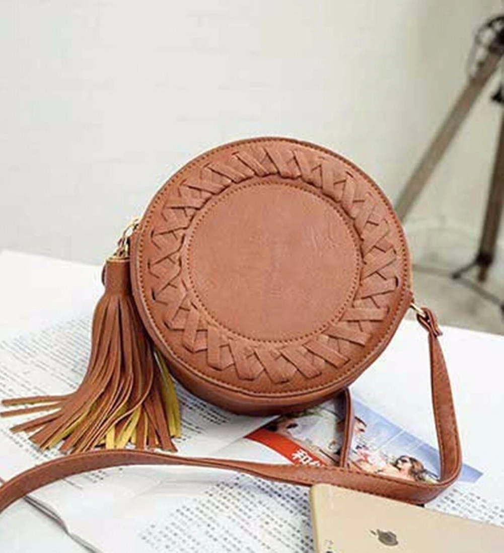 Women's Woven Messenger Bag Monochrome Circular Fringe Decoration Shoulder Bag