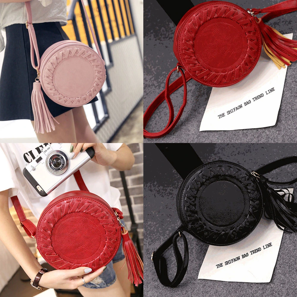 Women's Woven Messenger Bag Monochrome Circular Fringe Decoration Shoulder Bag