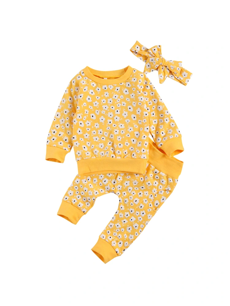 3Pcs Baby's Printed Suit, Pullover Sweater with Long Pants and Hairband