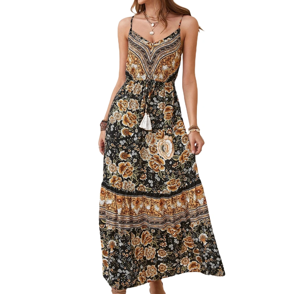 Women Sling Dresses Sleeveless V Neck Floral High Waist Midi 