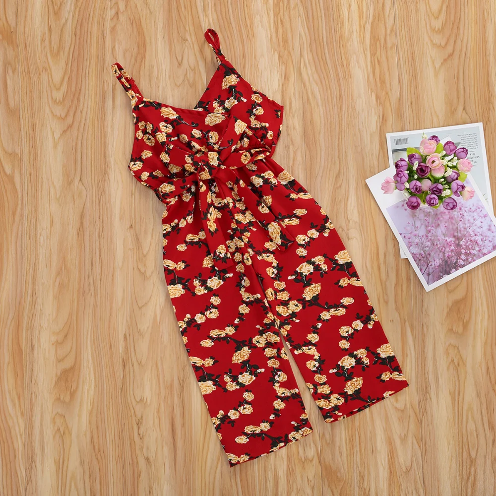 Baby Girls Summer Sleeveless Romper Floral Print V Neck High Waist Jumpsuit