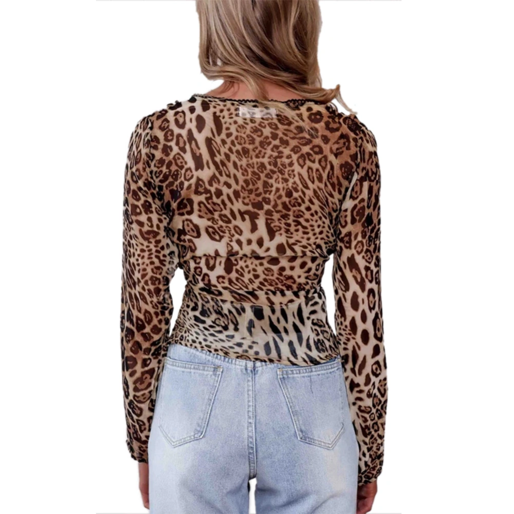 Women Summer Sexy Leopard Tops Long Sleeve See-through Deep V-neck Blouse