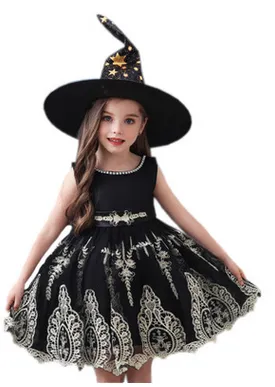 Girls Cosplay Dress, Sleeveless Round Collar Lace A-line Dress + Hat