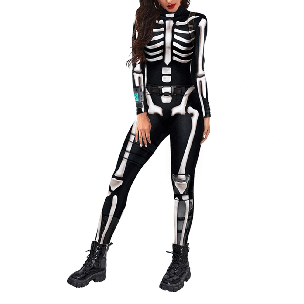 Women's Halloween Long Sleeve High Neck Skeleton Print Bodysuit