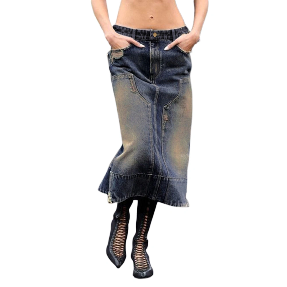 Women Washed Distressed Denim Skirts Low Waist Retro Ripped Jeans