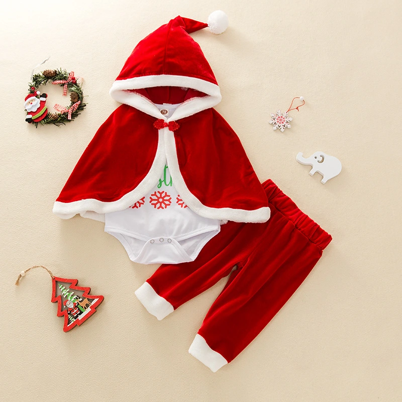 Baby Christmas Clothes Set, Long Sleeve Jumpsuit+Trousers+Hooded Cloak