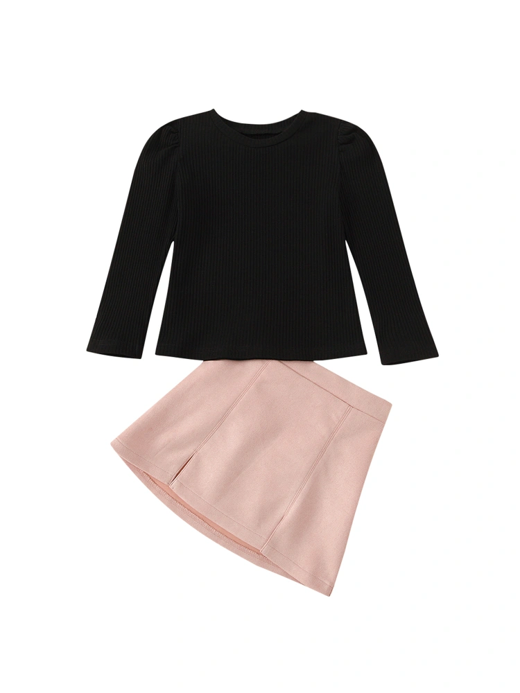 Baby Girl Long Sleeve Solid Color Knitted Top + Pink Suede Skirt Clothes Set