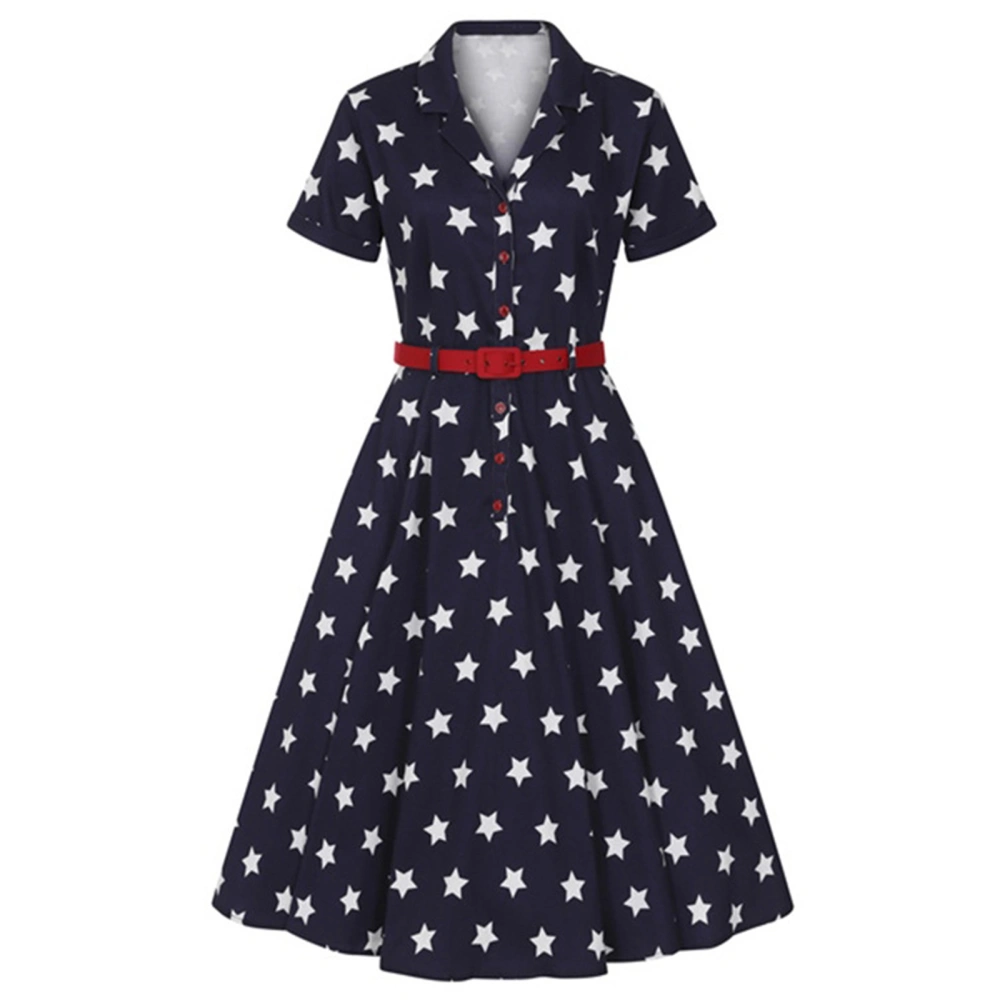 Women's Independence Day Dress Star Print Short Sleeves Belted Dress