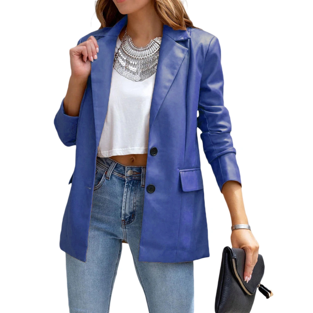 Women PU Leather Blazer Jacket, Long Sleeve Solid Outwear with Pockets