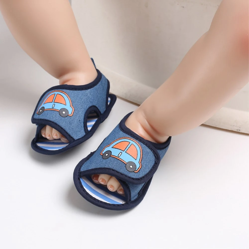 Newborn Baby Sandals Cartoon Car Print Bottom Stripe Print Summer Crib Shoes