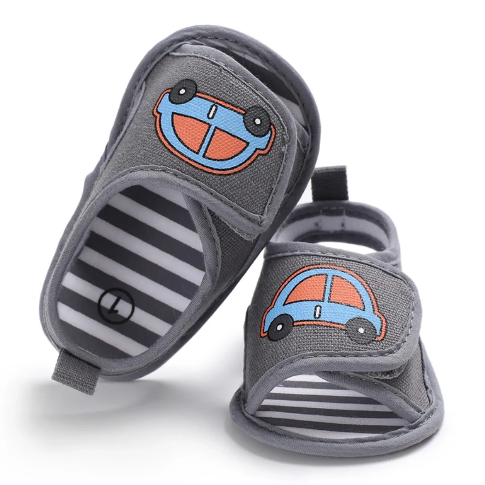 Newborn Baby Sandals Cartoon Car Print Bottom Stripe Print Summer Crib Shoes