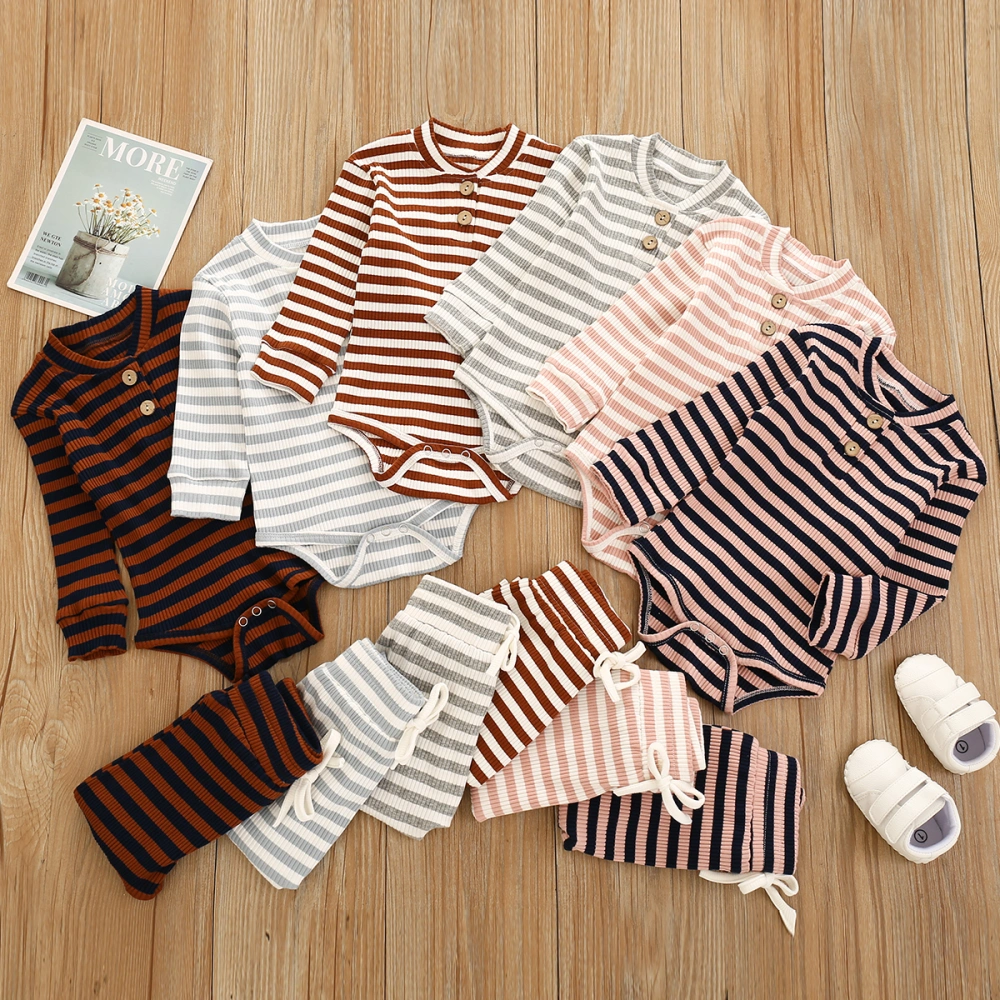 Baby Girl Boy 2PCS Outfit, Button Romper Drawstring Pants, Stripe Clothes Sets