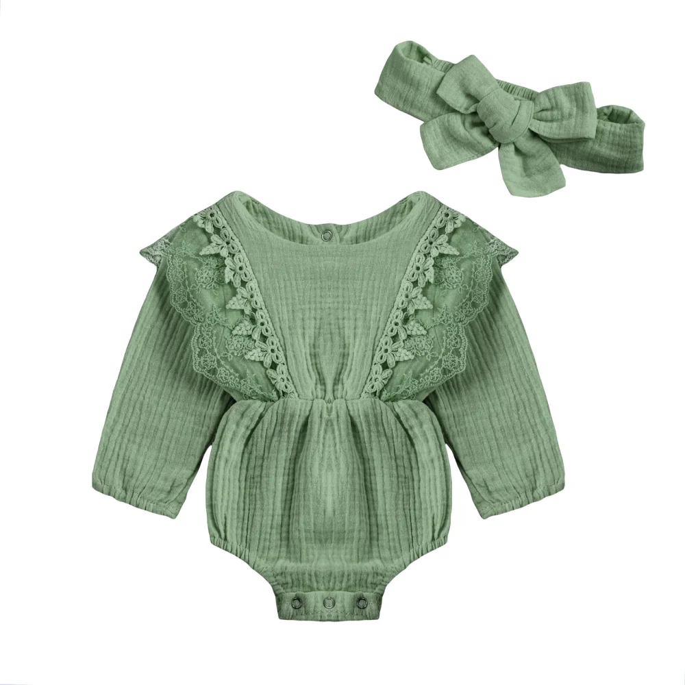 Girl's Two Piece Set, Toddler's Hemp Cotton Lace Romper Hair Band for Children