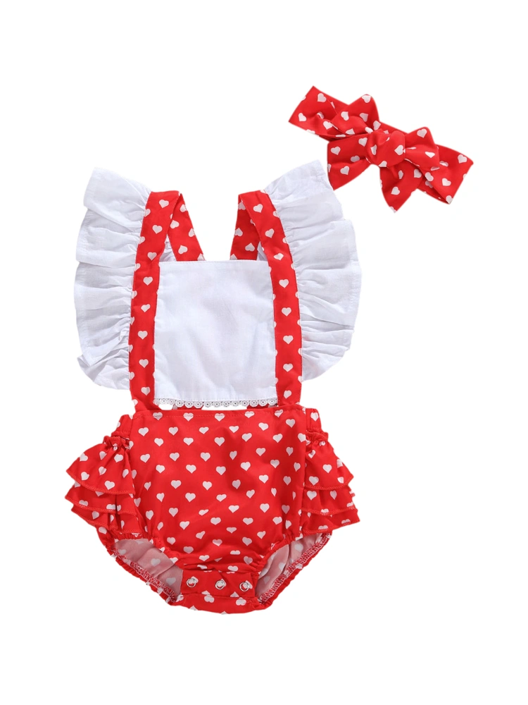 Newborn Girls Heart Print Romper, Square Collar Patchwork Jumpsuit+Bow Headband