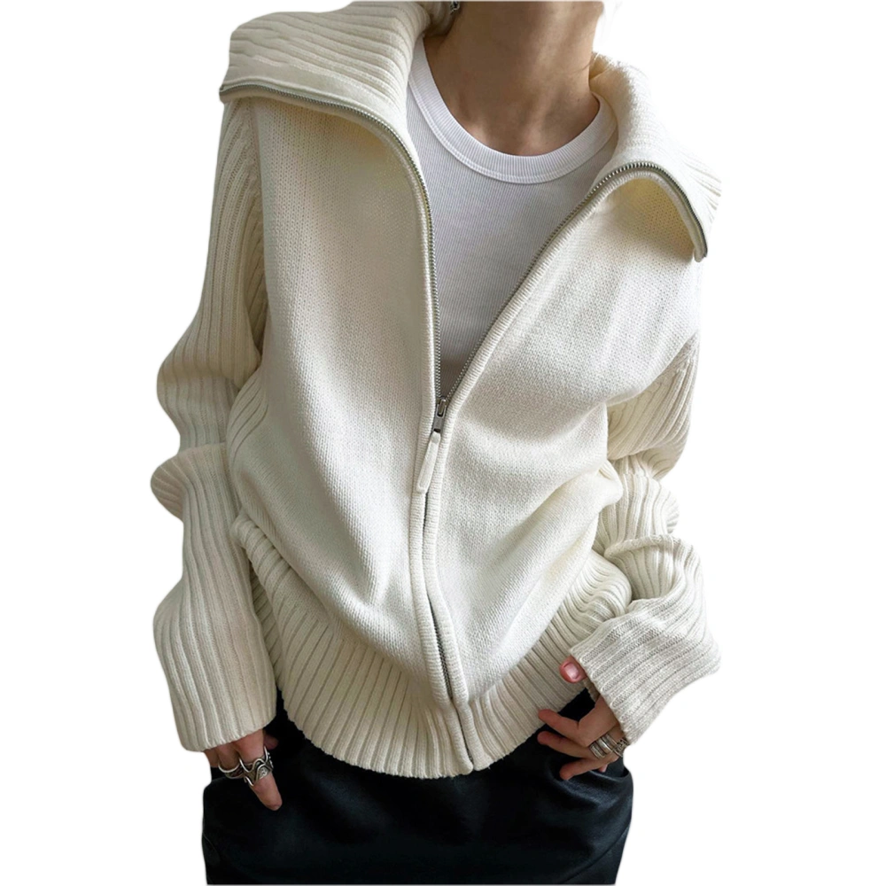 Women Knitting Long Sleeve Lapel Zipper Solid Color Fall Loose Coat 