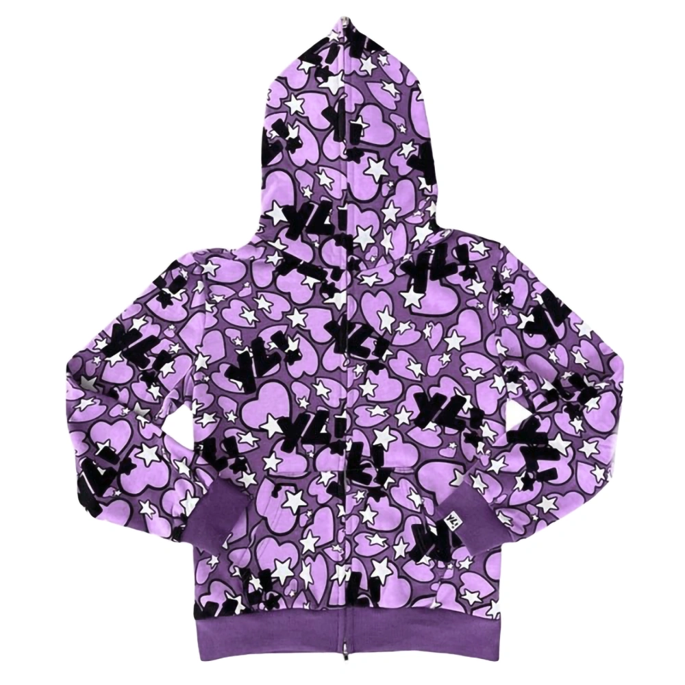 Women's Full Zip Hoodies, Star Heart Print Long Sleeve Sweatshirts