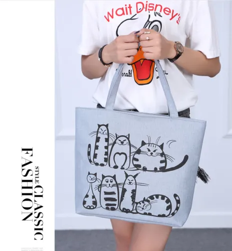 Female Canvas Cat Printing Shopping Bag,Large Capacity Shoulder Bags