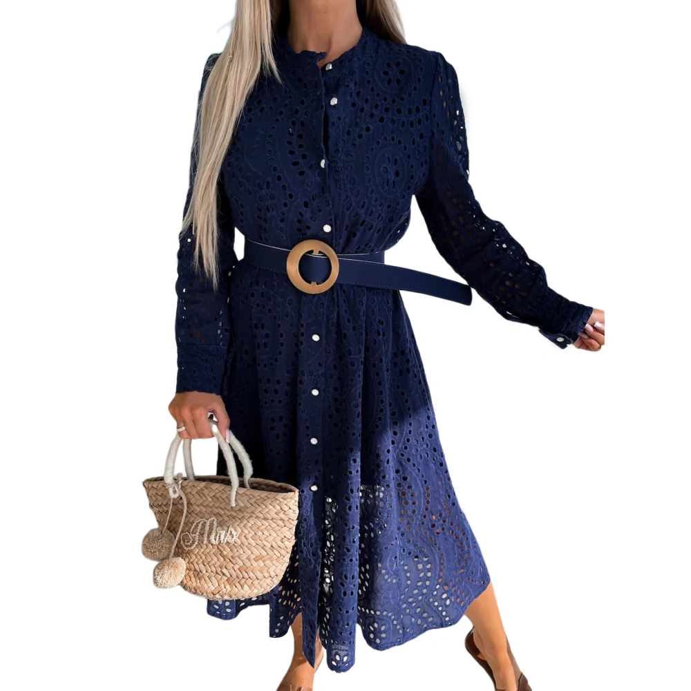 Ladies Dress Button Embroidered Cutout Long Sleeve Dress + Belt