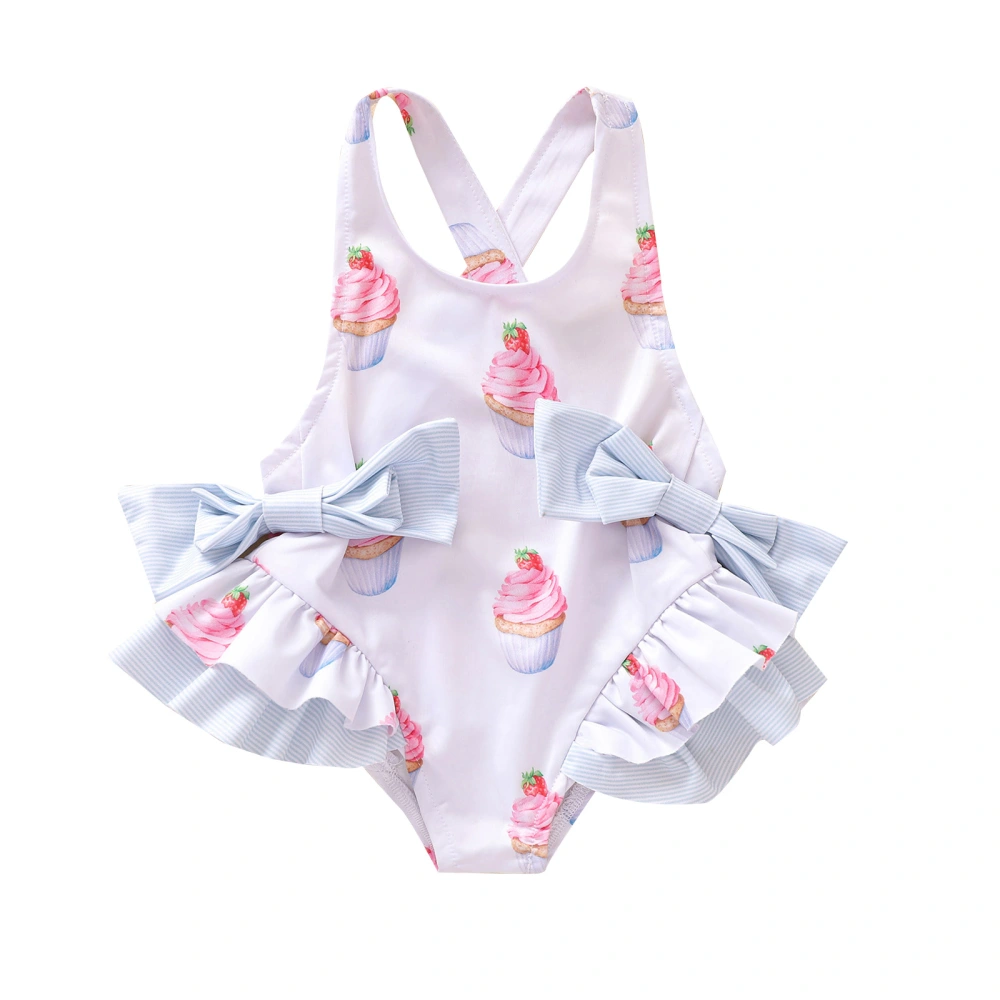 Girl’s Cute Bow Cake Pattern Backless Ruffles Suspender Swimsuit