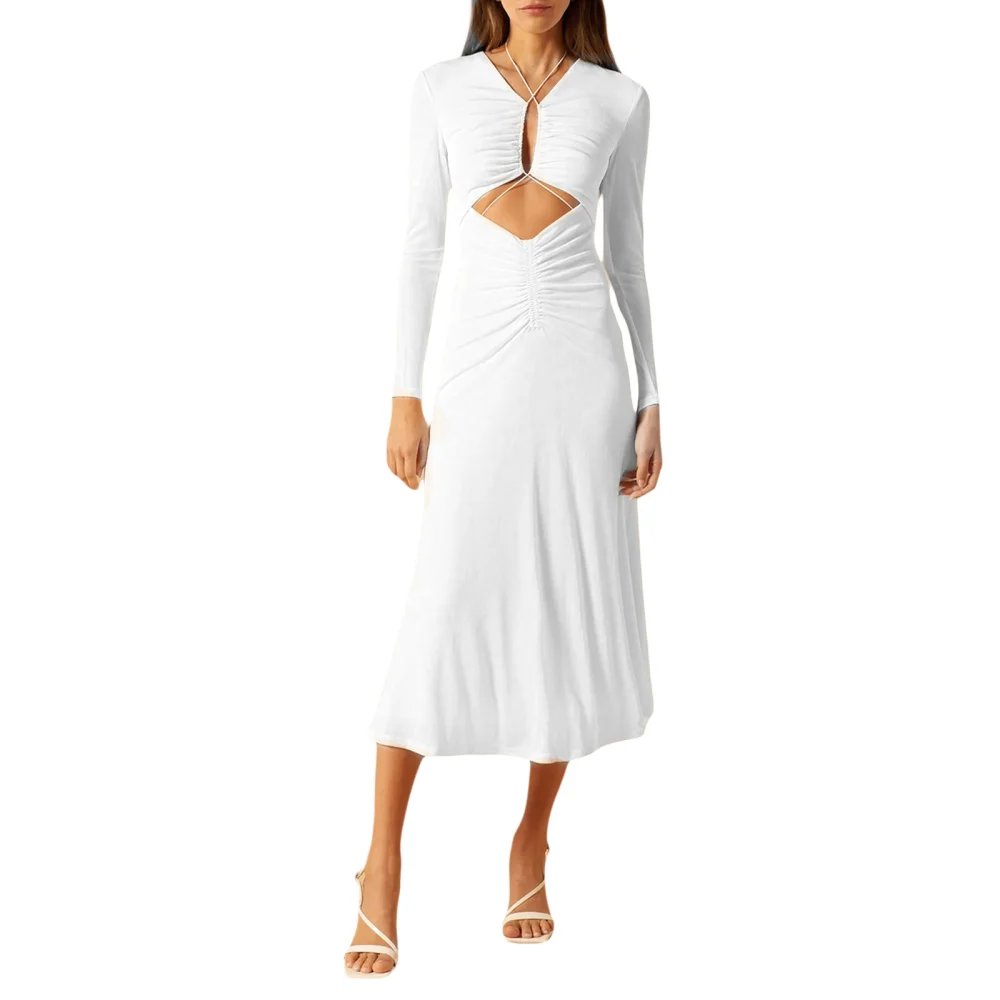 Women Ankle Length Dress, Ruched Drawstring Cutout One-Piece Garment