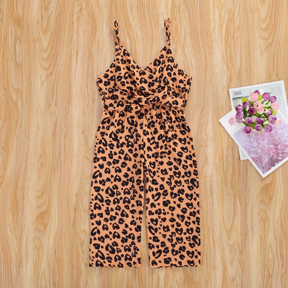 Baby Girls Summer Sleeveless Romper Leopard High Waist Lace-up V Neck Jumpsuit