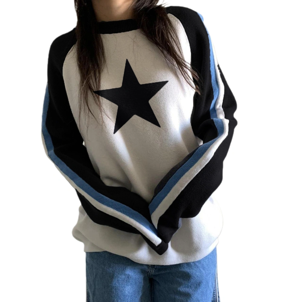 Women Fashion Wild Sweater Star Print Contrast Color Stripe Pullovers