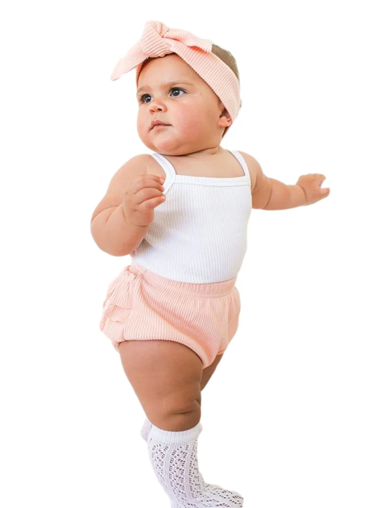 Newborn Girls Sleeveless Knit Romper Tank Top + Ruffle Shorts + Headband