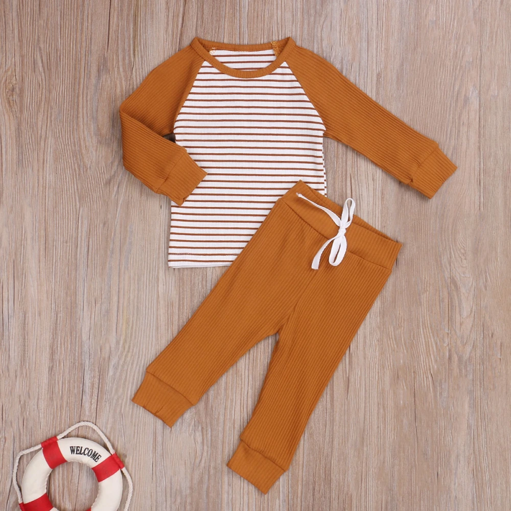 2Pcs Baby Round Neck Long-Sleeved Striped Stitching Top + Drawstring Trousers