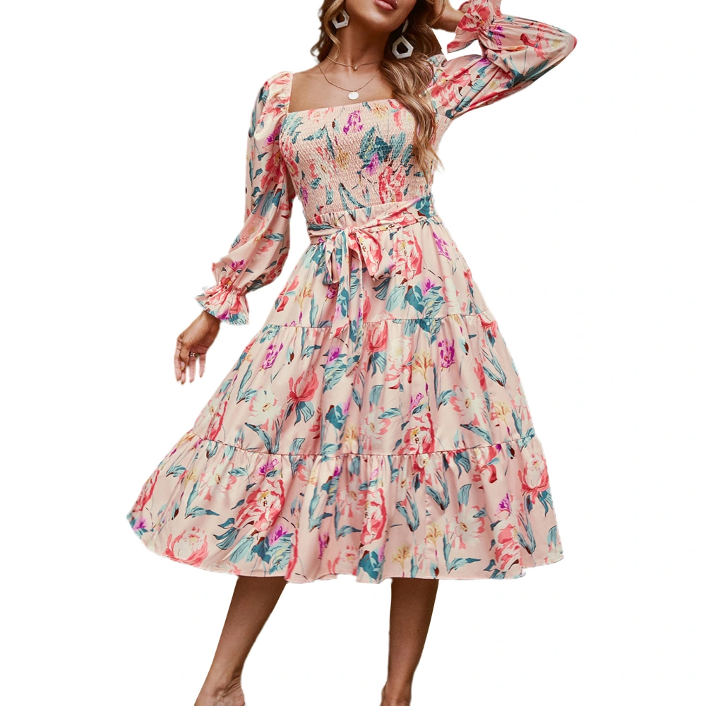 Floral Print Square Neck/ Boat Neck Long Sleeve Dress with Waist Belt