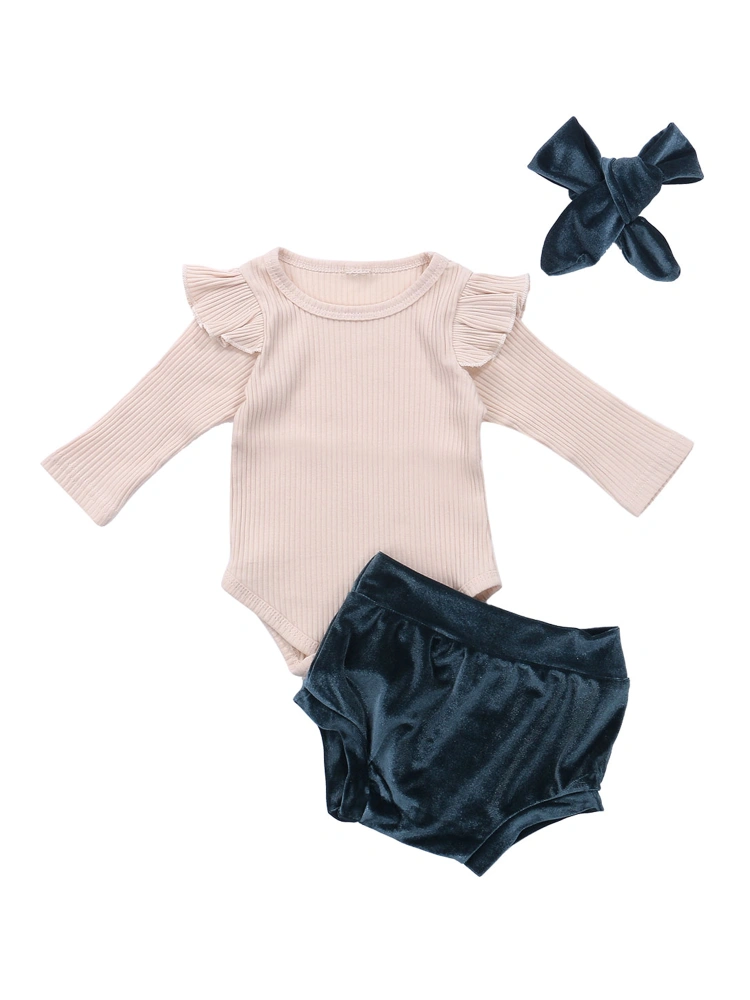 Baby Girls Autumn Clothes Set Long Sleeve Romper+Velvet Shorts+Headband