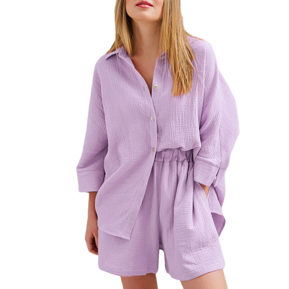 Women 2Pcs Sleepwear, 3/4 Sleeve Lapel Shirt + Side Pockets Shorts