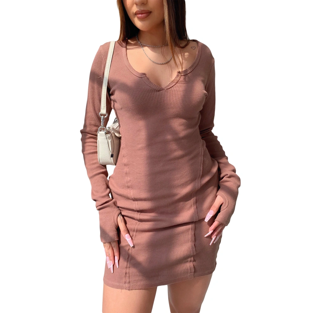 Women's Spring Autumn Solid Color Long Sleeve V Neck Short Slim Dress