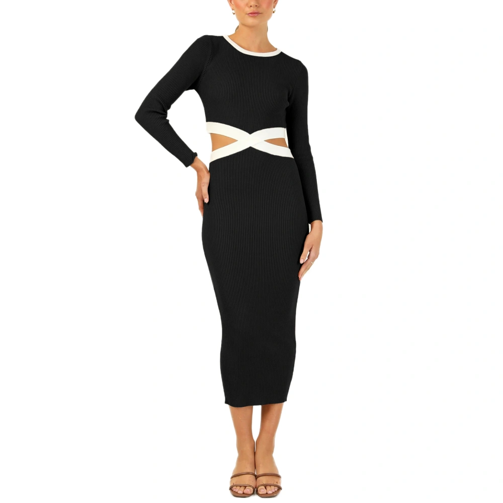 Women Midi Bodycon Dress Patchwork Long Sleeve Knitted Ribbed Dress