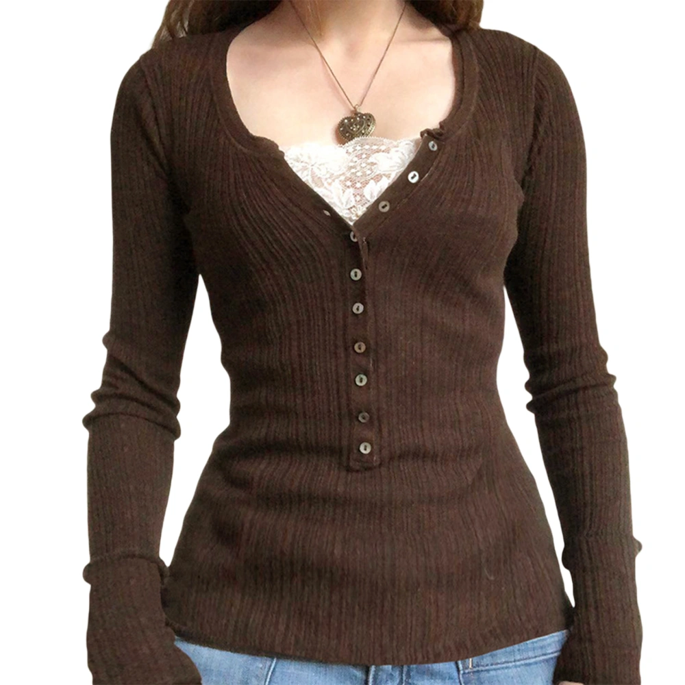 Women Button Front Knit Tops, Long Sleeve Lace Patchwork T-Shirts